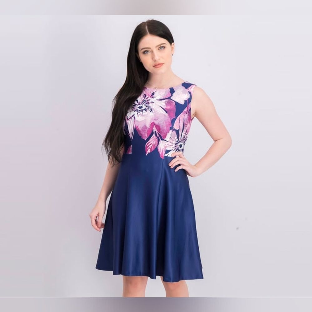NEW DKNY Floral Sheath Formal Dress Sleeveless Fit & Flare Purple Floral Size 8